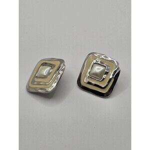 Cream & Gold Color Enamel Faux Pearl Square VTG Goemetric Swirl Clip-On Earrings